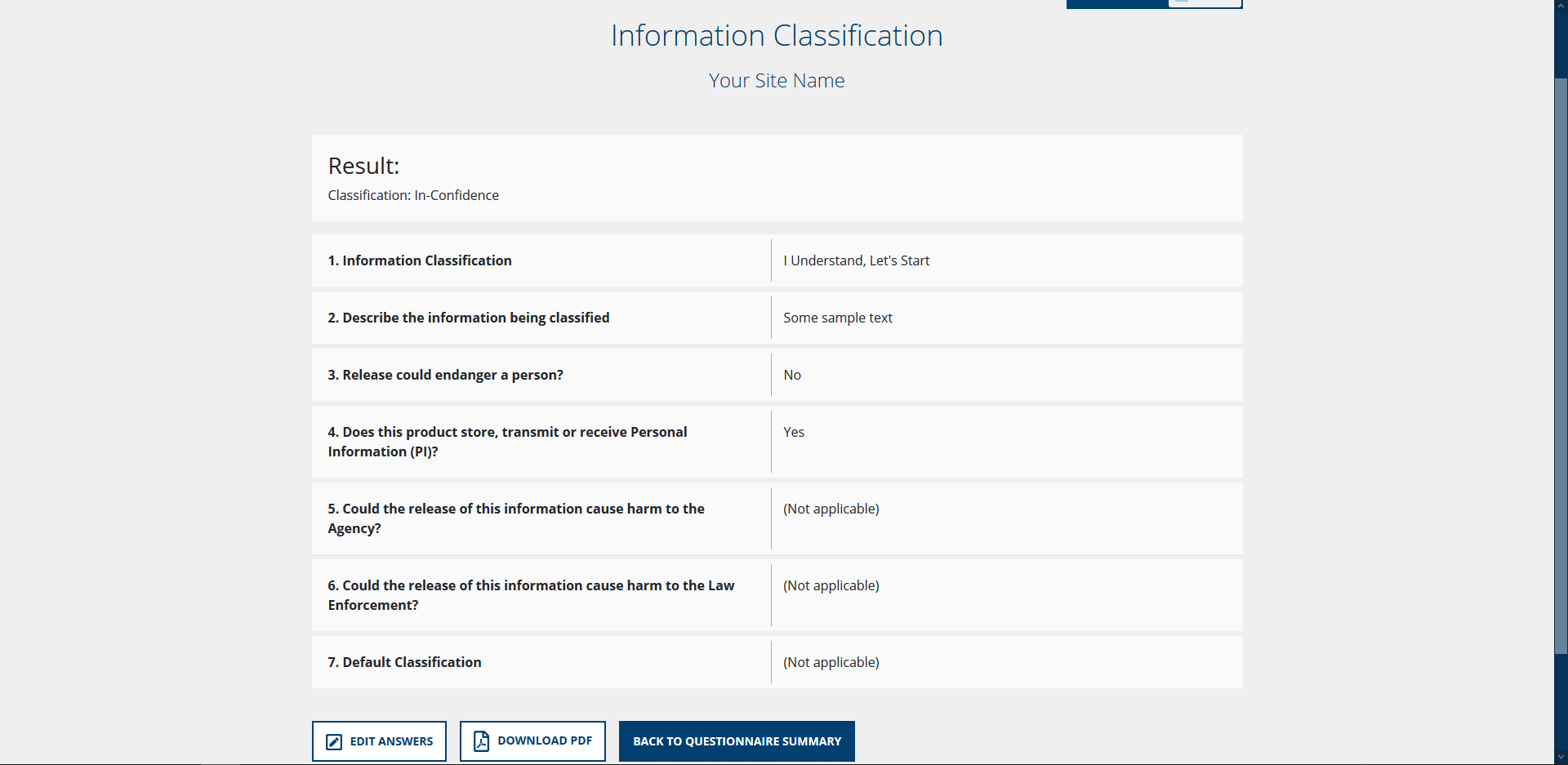 An example task questionnaire with a result